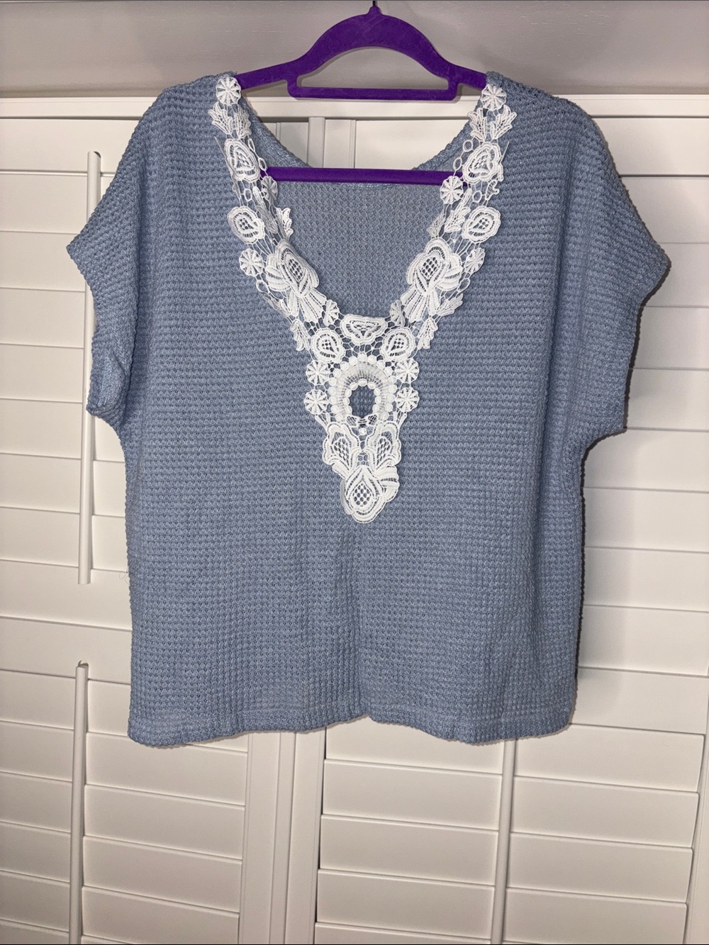 SHEIN Powder Blue Knit Tunic with White Lace V-Neck